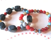 Two Stretch Stack Bracelets, Agate & Dumorterite Semi Precious Stone, Monaco Blue