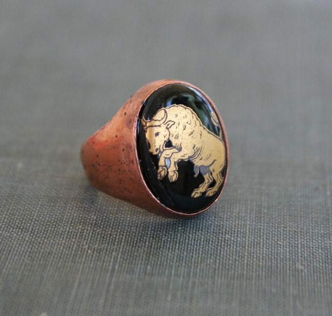 taurus zodiac ring - vintage glass cameo black and gold copper ring