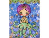 Octopus Girl - Reproduction From Original Mixed Media Collage Painting By Danita Art - (7x9 INCHES)