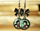 Baking Cookies - Round Shaped Brass Earrings With Metallic Bow Charms - Handmade Jewelry by Danita Art