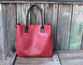 Leather Tote bag Large Hand Stitched Tote bag Blush Poppy  Red