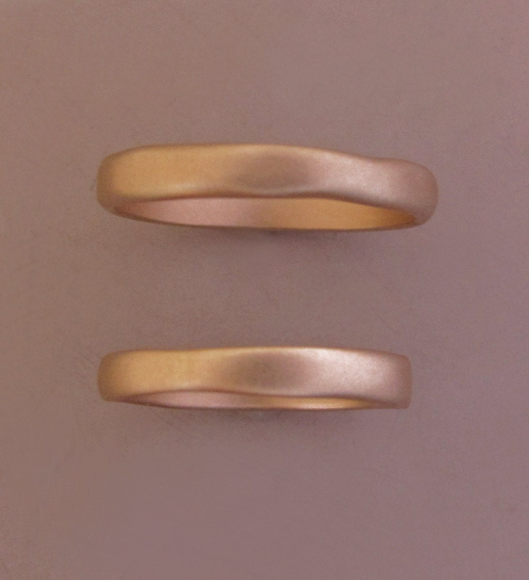 14k Rose Gold Wedding Ring Set - Matte Finish - 3 mm - River - Recycled Gold