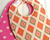 Baby Bibs for Baby Girl  - Set of 2 Triple Layer Chenille  - Diamonds & Dots in Gumdrop Pink Tangerine