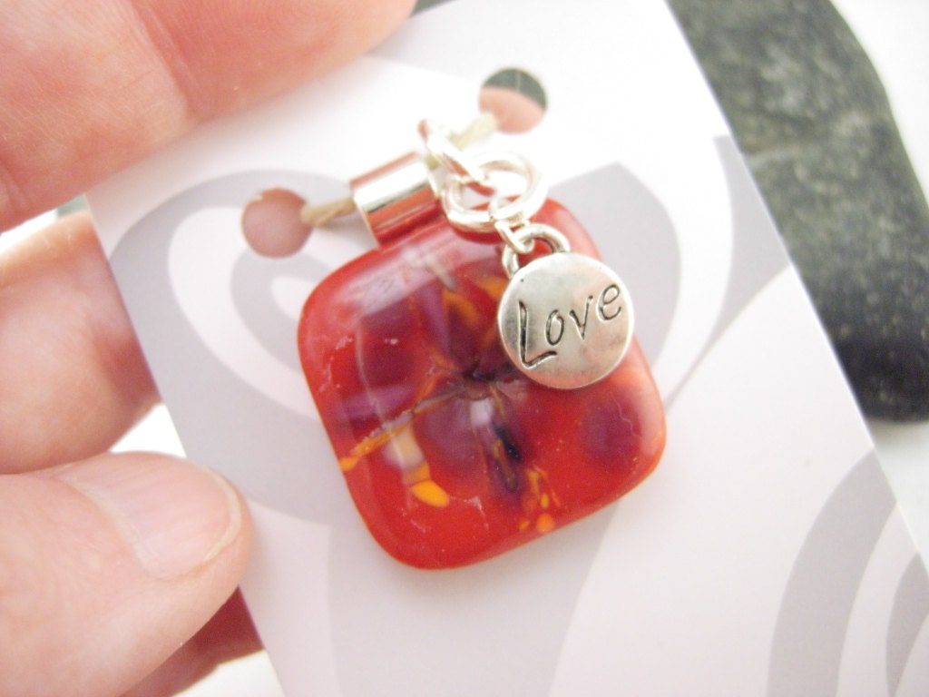 Fused Glass Pendant, Handmade Glass jewelry - Red Love burst