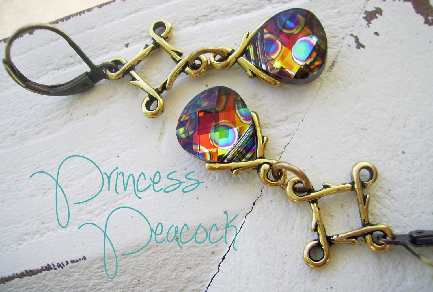 Bohemian Earrings, Peacock, Swarovski crystal earrings, boho, shabby chic jewelry, antique brass, estate style, gypsy  - Princess Peacock