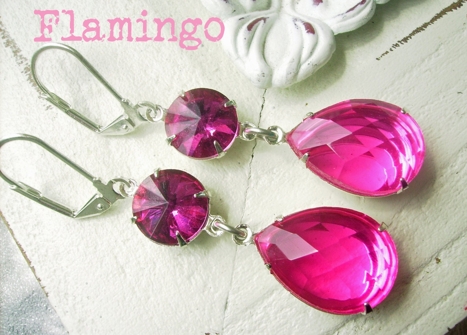 Hot pink Estate Style Earrings, Vintage Rhinestone teardrop crystal, Swarovski dangles, old hollywood inspired, boho chic -  Flamingo