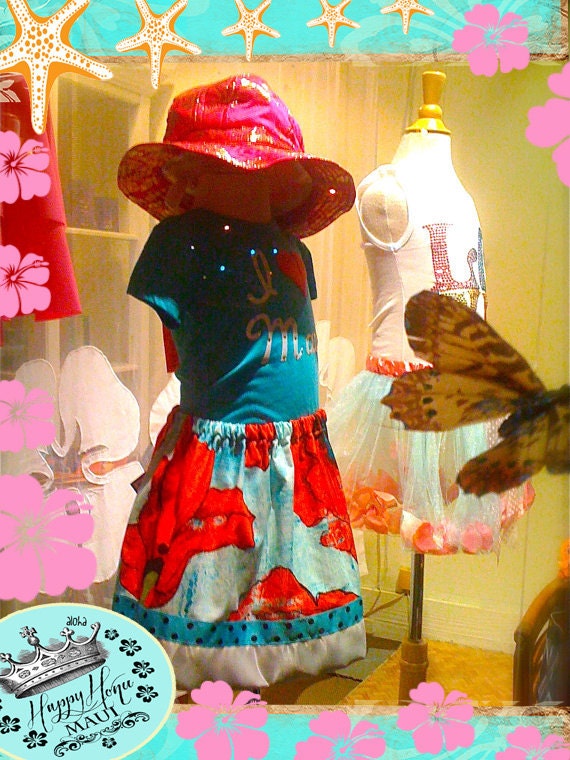Luau Twirly Skirt from Happy Honu Maui  BLACK and WHITE damask with pink ribbon