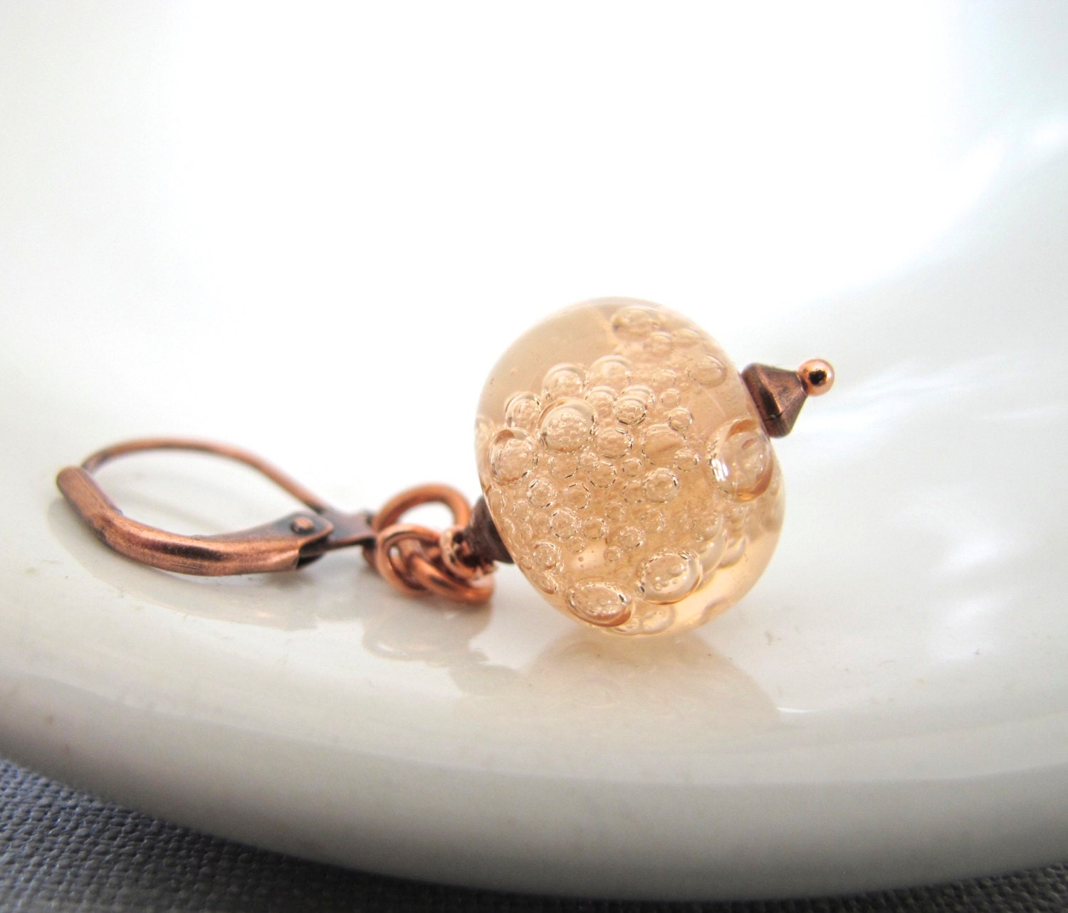 Copper Earrings, Pink Peach Glass, Beaded Earrings, Bubble Glass, Glass Earrings, Copper Jewelry, Glass Jewelry, Modern Jewelry