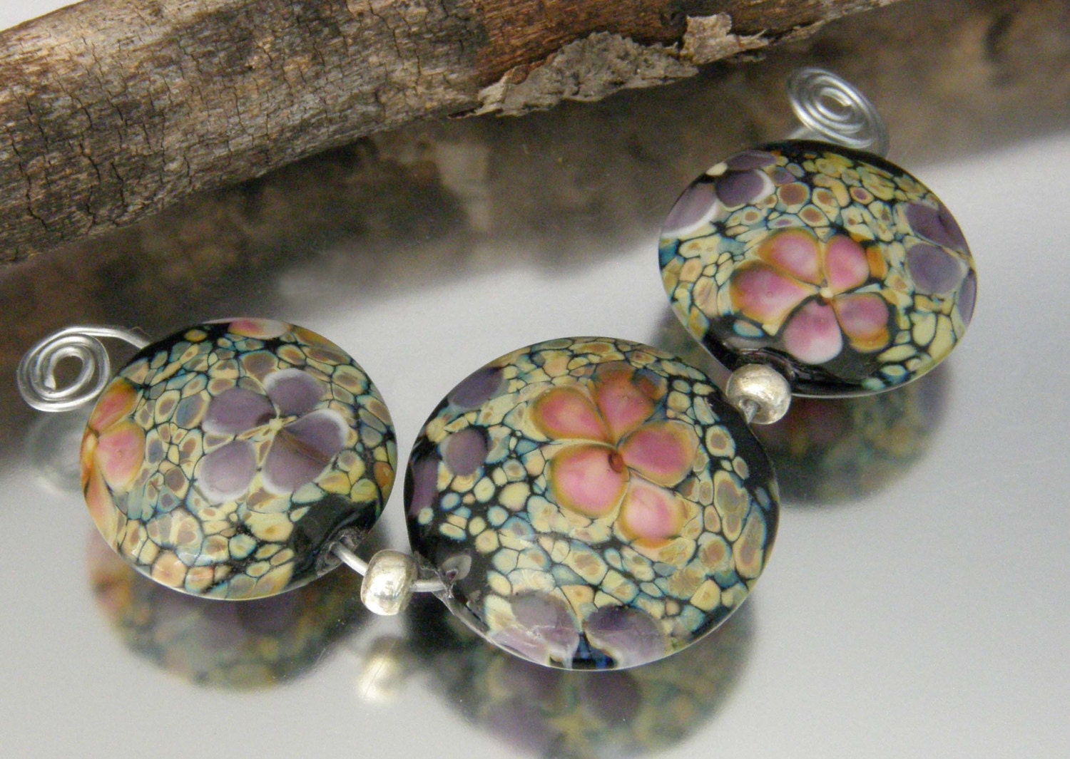 KILLERBEEDZ1 - Woodland Florals - 3 Piece Lentil Lampwork Beads
