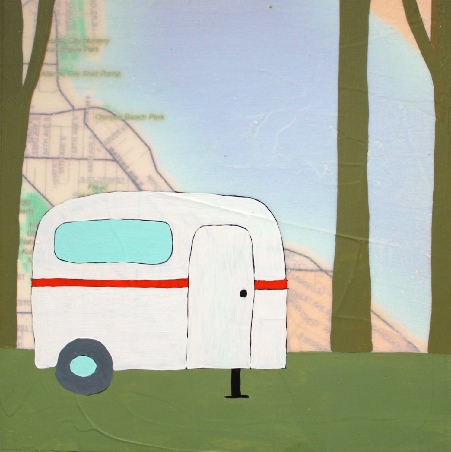 Lakeridge - Original Map Painting 8 x 8 - Airstream trailer art