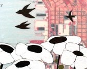 King Street - Flying Birds and White Flowers - Original Painting 5x5