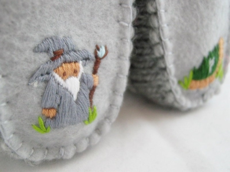Knit Wool Baby Booties with Embroidered Wizard and Little Green Door