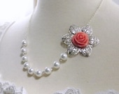 Coral Flower White Pearl and Silver Bridesmaids Wedding Necklace