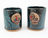 Skully Rocks Glass Pair in Deep Lagoon- Old Fashioneds - Pottery Cup - Skulls - Day of the Dead - Colorful  - Barware - Whiskey Cups