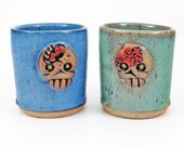 Skully Rocks Glass Pair - Jade Green and Cobalt Blue - Pottery Cup - Skulls - Day of the Dead - Colorful  - Barware - Whiskey Cups