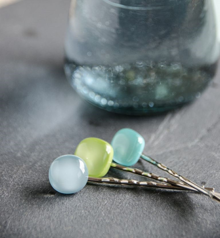 apple green fused glass hairpin