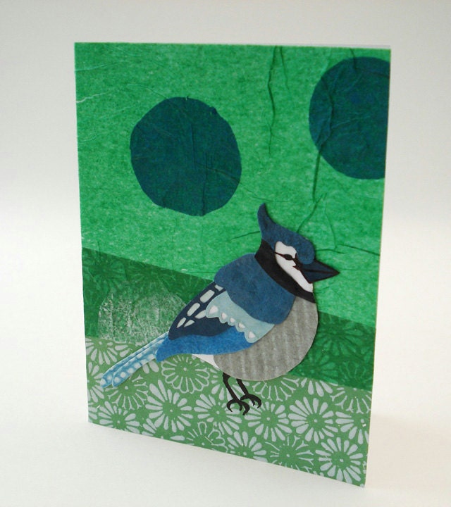 Nature Card - Blue Jay - Collage Art - Bird Art - Tissue Paper Art - Recycled Paper - Blue, Green, Grey