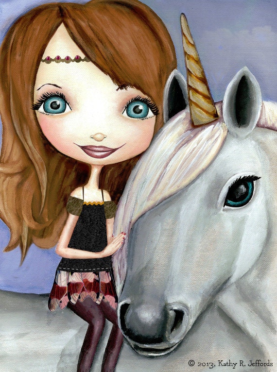 Unicorn And Girl Big Eyed Fantasy Art Print, Little Girl Art, Art for Unicorn Fans, Blue