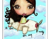 Big Eyed Girl Flying Airplane Motivational Art Print. Little Latina Pilot Wall Art. Whimsical Airplane Nursery Decor.  I'm On My Way Art.