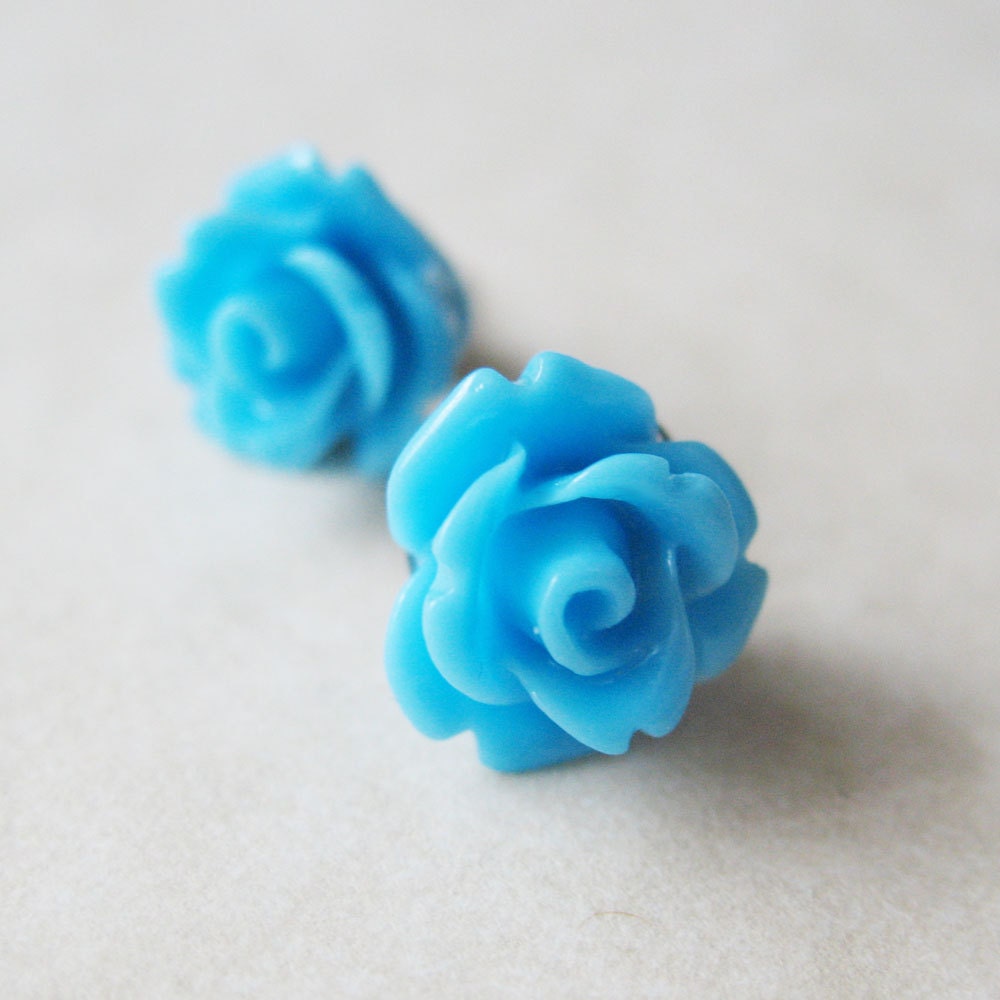 Sky Blue Flower Earrings - Rose Stud Earrings - Azure Blue