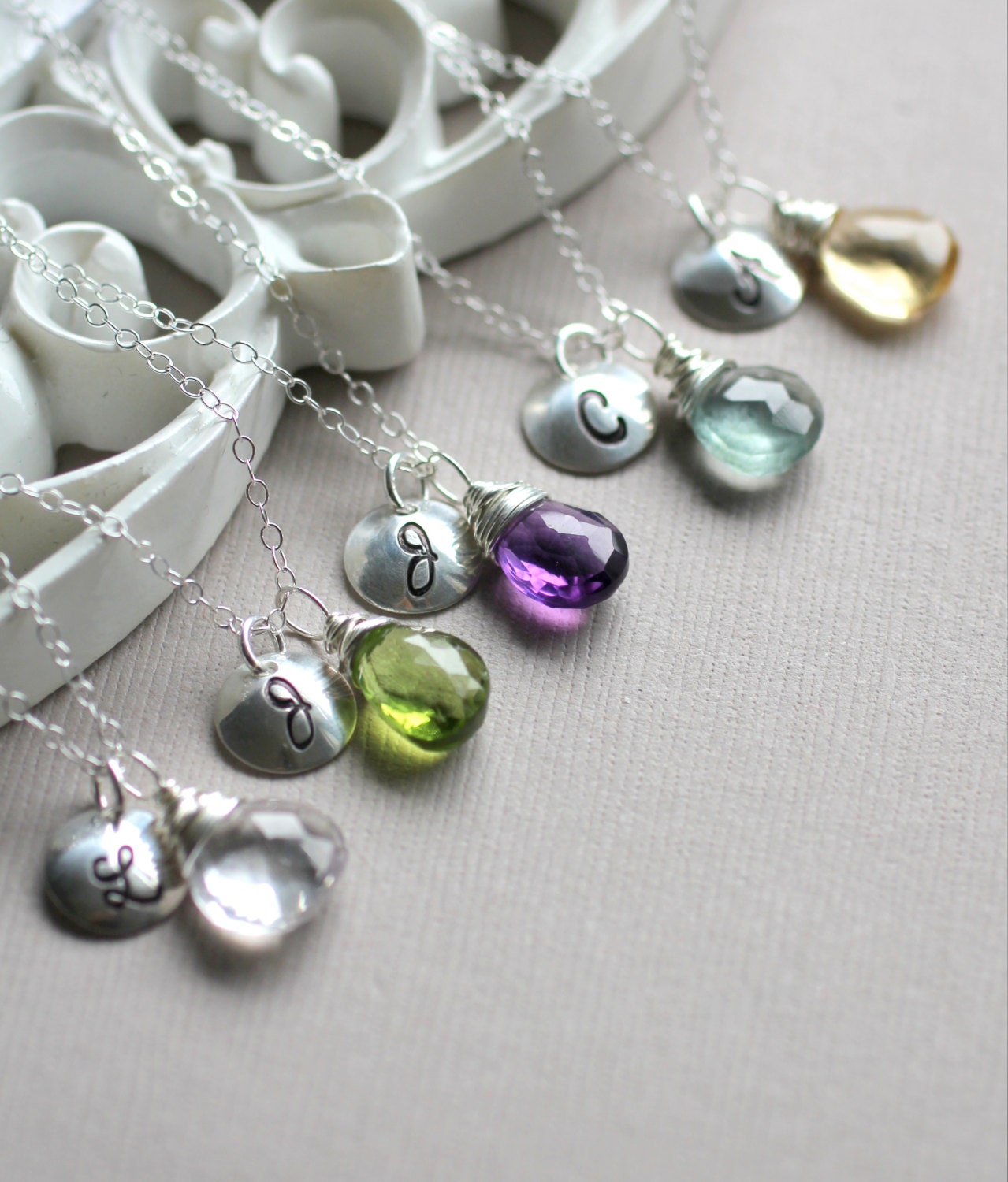 Birthstone Necklaces, Custom Bridesmaid Necklaces, Personalized Initial Necklaces, Monogram, Sterling Silver, Custom Gemstone, Set of FIVE