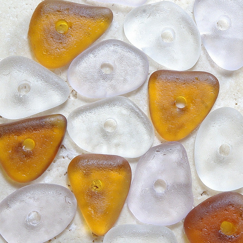 Sunset Beach Sea Glass Bead Collection - 15 Mini Lavender, Rootbeer Brown, White