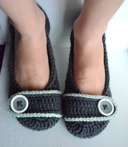 Crochet Slippers House Shoes Ballet Flats - Charcoal & Mint - Made to Order (Size 7 Ready to Ship)