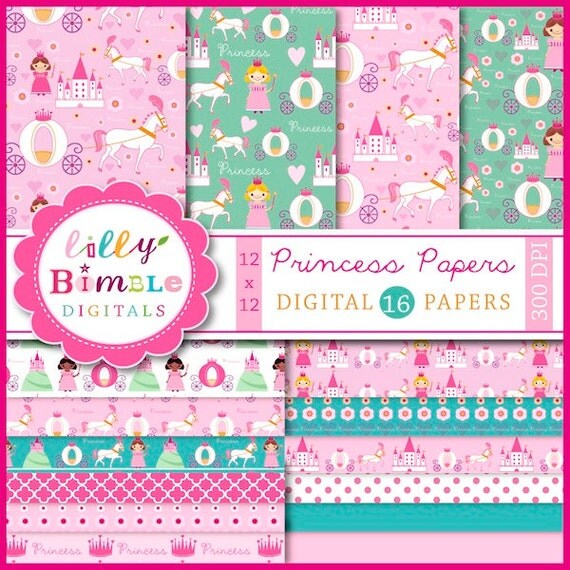 Pink Princess digital scrapbook papers with castle, kingdom, horse carriage, cute patterned papers for cardmaking, invitations Il_570xn