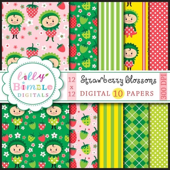 Digital papers for kids with cute strawberry blossoms Instant Download Il_570xn