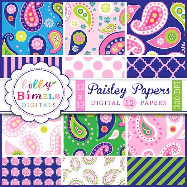 INSTANT DOWNLOAD Paisley Digital scrapbook papers in pink, navy blue, green and hot pink. Il_570xn