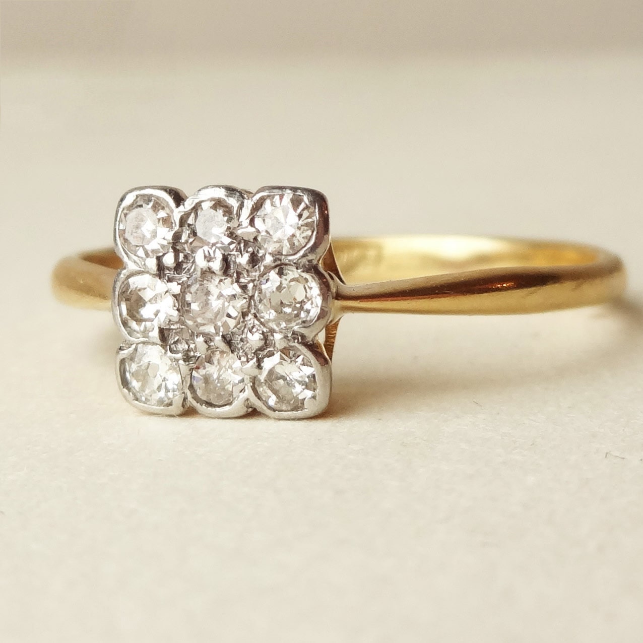 Square Art Deco Diamond Engagement Ring, Diamond Platinum and 18k Gold Wedding Ring Approximate Size US 9.5