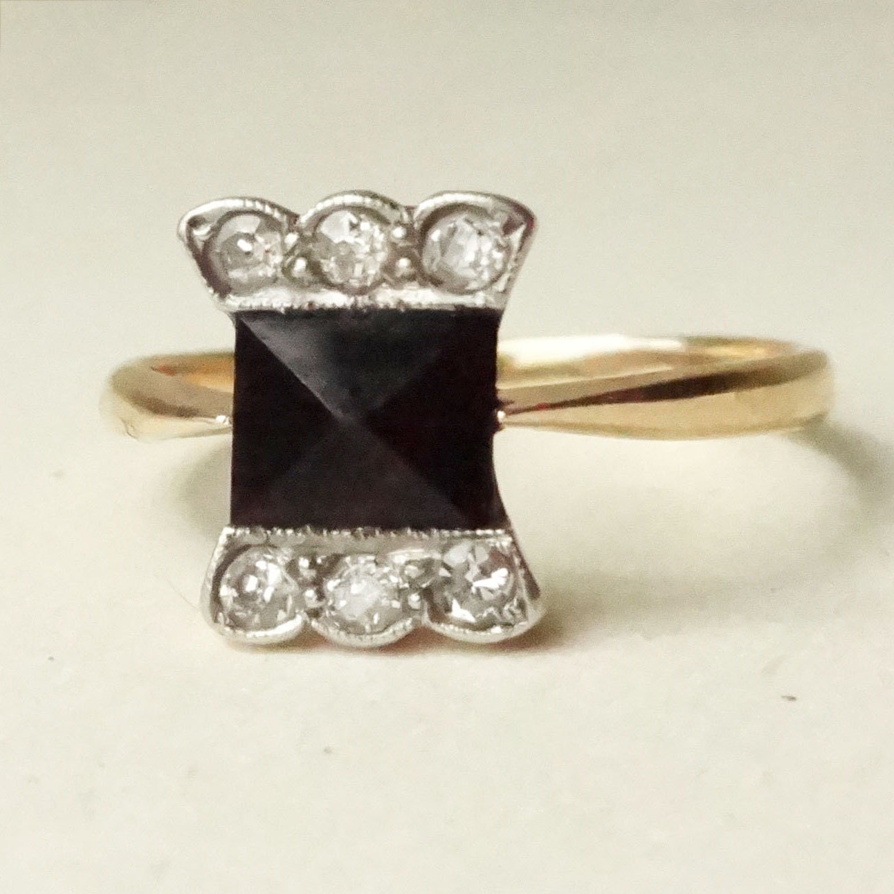 Art Deco Onyx and Diamond Ring, 18k Gold Statement Antique Black Onyx & Diamond Ring, Approx Size US 7