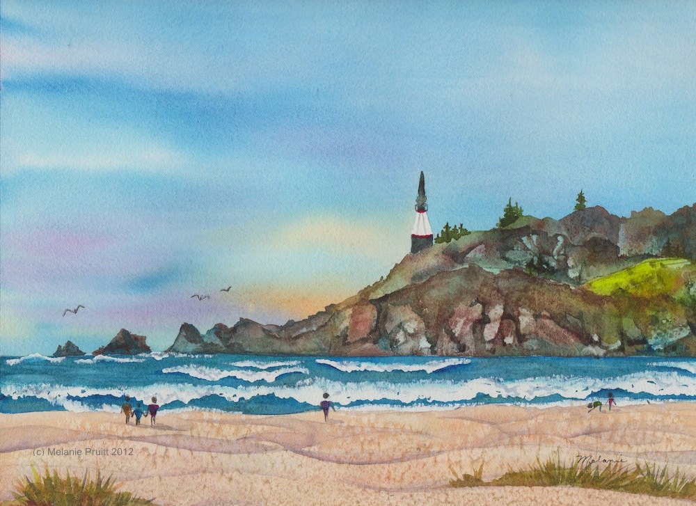 Oregon Coast ORGINAL Lighthouse beach ocean coast watercolor painting by M. Pruitt EBSQ