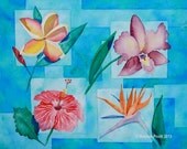 Hawaiian Flowers ORIGINAL 12x16 floral modern plumeria hibiscus orchid bird of paradise hawaii Watercolor Painting by Melanie Pruitt EBSQ