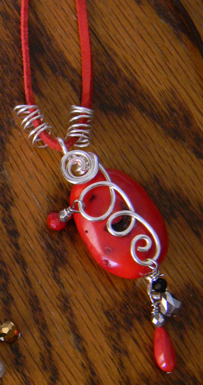 Bamboo Red Coral Focal Wire Wrap on Red Suede Cord