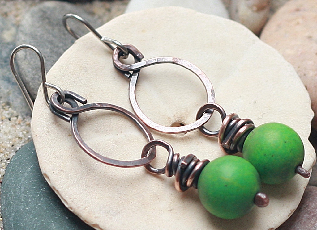 Copper Hoop Earrings Green Hoop Earrings