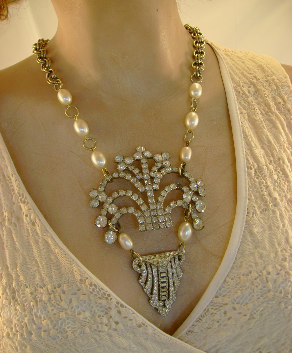 Gala - Sparkly Vintage Rhinestones Buckle Art Deco Dress Clip Recycled Repurposed Assemblage Statement Bridal Necklace