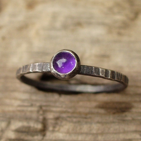 Tiny Sterling Amethyst Ring - Sterling and Fine Silver - Genuine Gemstone - Dainty, Grooved Band