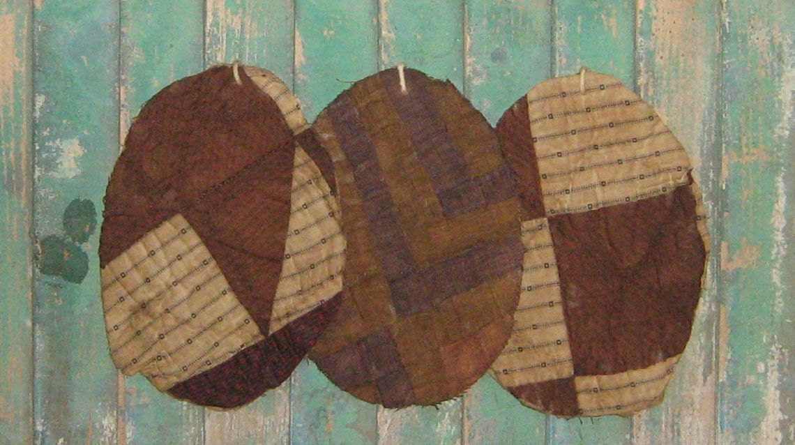 Primitive Easter Egg Ornaments - Grungy Tattered Egg Ornies - brown white black burgundy antique quilt log cabin - large - set of 3