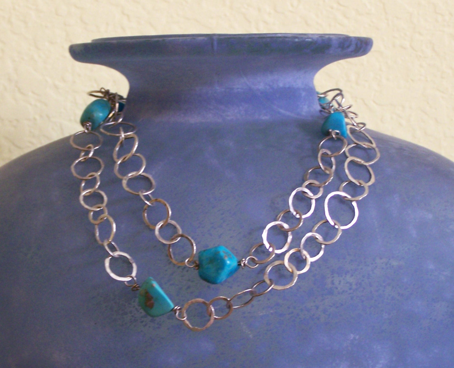 Forged Silver Chain with Turquoise set- 3 in 1 Necklace and Bracelet