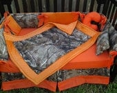 New brown real tree CAMOUFLAGE baby crib bedding set w/ orange minky dot fabrics camo