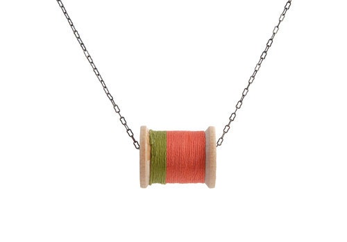 Moss and Salmon Thread Spool Necklace