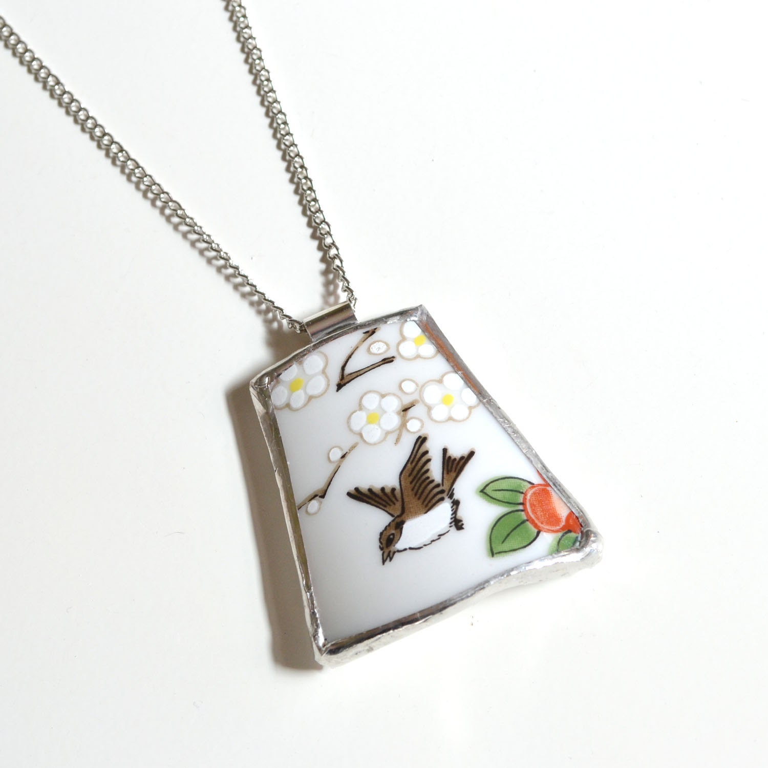 Broken Plate Pendant on Chain - Teapot Bird - Recycled China
