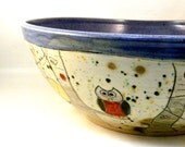 Big periwinkle purple handmade ceramic kitchen serving bowl with owl IN STOCK functional art color blocks