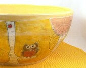 Large Ceramic Serving Bowl Art Vessel in yellow with owl READY TO SHIP - ceramic kitchen bowl