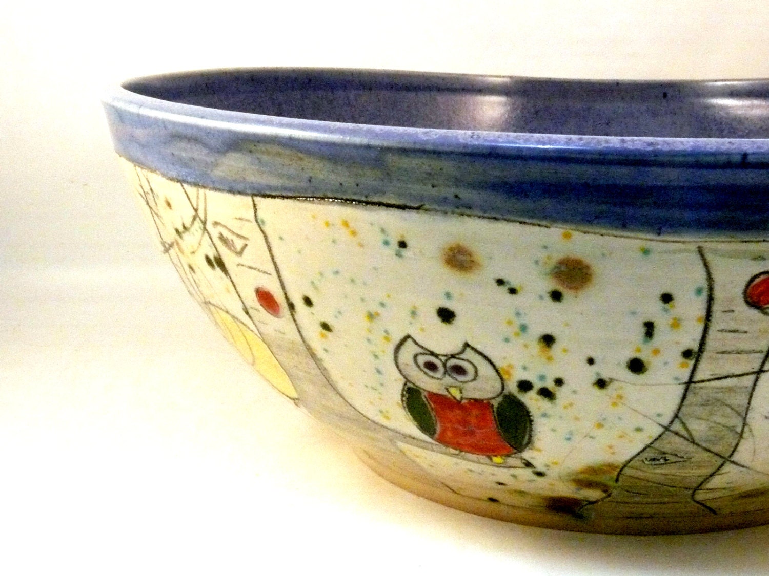 Big periwinkle purple handmade ceramic kitchen serving bowl with owl IN STOCK functional art color blocks