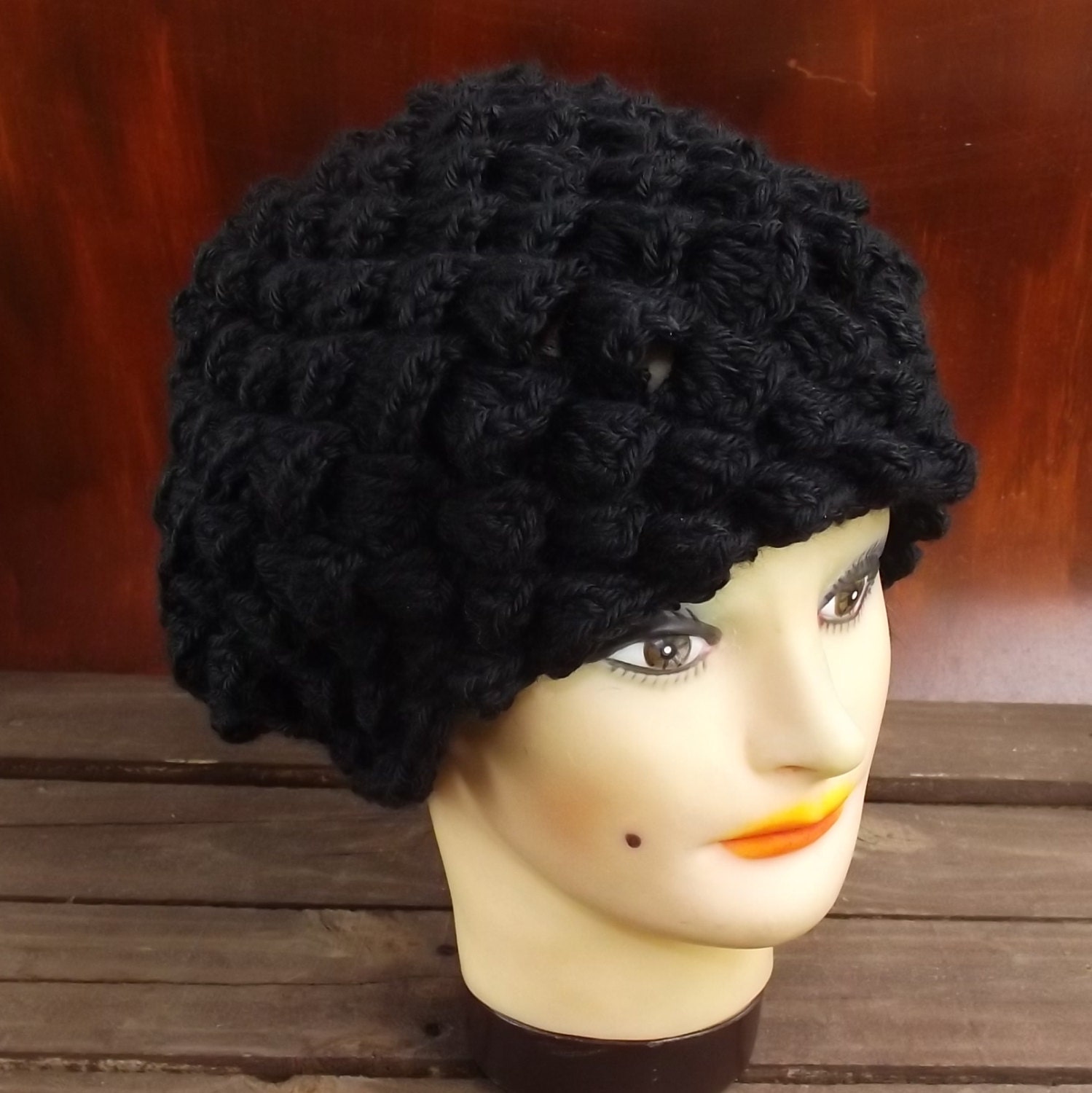 Crochet Hat Women Hat - LENA Womens Beret Hat Shell Stitch in Black - Custom Order