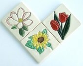 Handmade Ceramic Tiles, Set of Three, Magnolia ,Tulips and sunflower