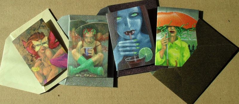 Miniature Cards - Medusa, Vampire, Fairy and Masquerader - in metallic envelopes