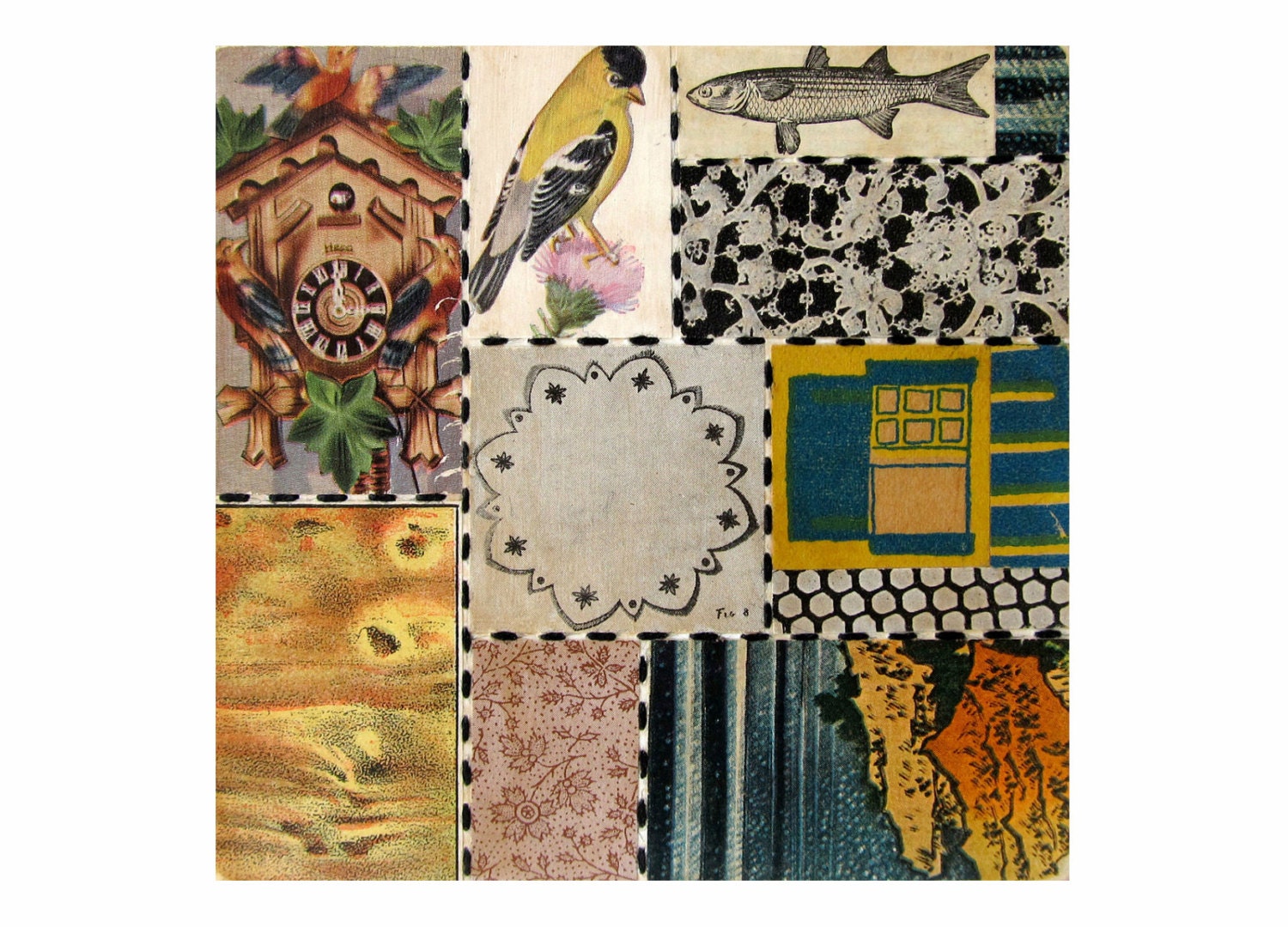 Cuckoo, Bricolage no 75 - Original Mixed Media COLLAGE on 4" x 4" Panel